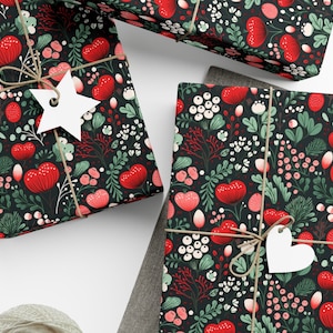 Vibrant Valentine Flowers and Strawberries Gift Wrapping Paper Intricate Red and White Floral Pattern Captivating Artistic Paper Dark Roll
