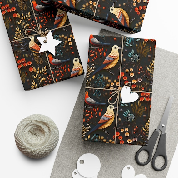 Bird Gift Wrapping Dark Vibrant Bird Garden Black Wrapping Paper Roll  Orange Gray Birds Colorful Flowers Dark Hues Bird Lover Gift Wrap Roll 