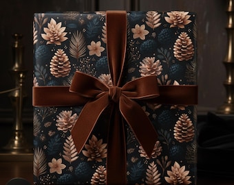 松ぼっくりと葉のクリスマスラッピングペーパー、黒の花柄ギフトラップ