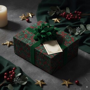 Floral Christmas Wrapping Paper: Elegant Red & Green Holly Berry Pattern image 4