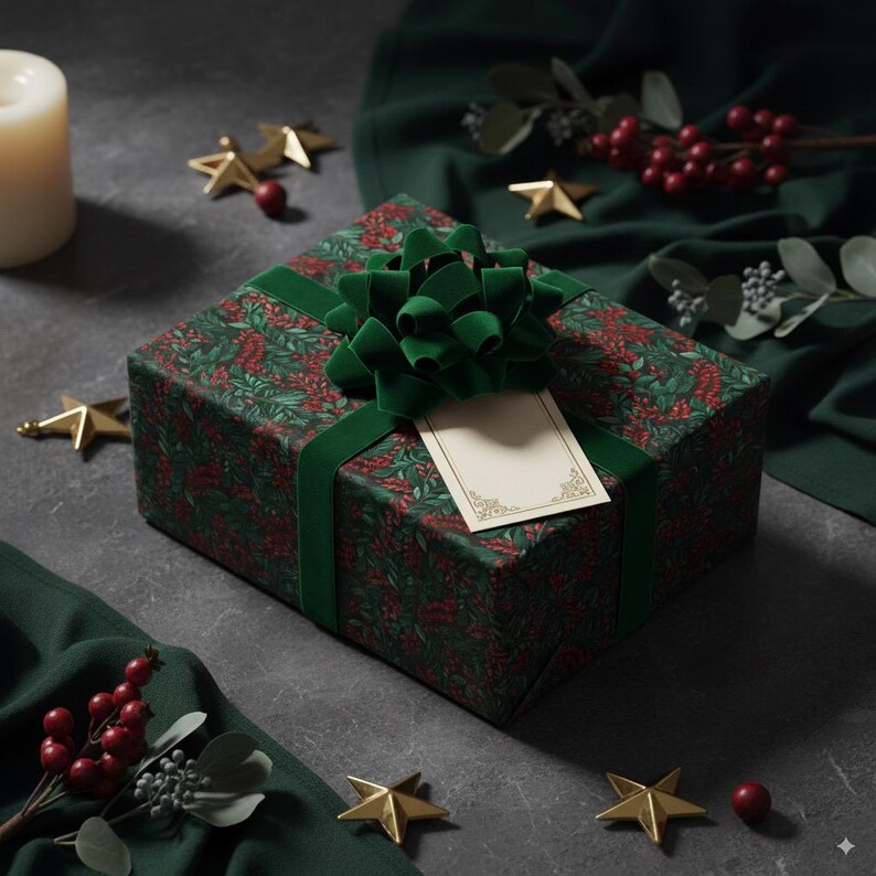 Floral Christmas Wrapping Paper: Elegant Red & Green Holly Berry Pattern image 4
