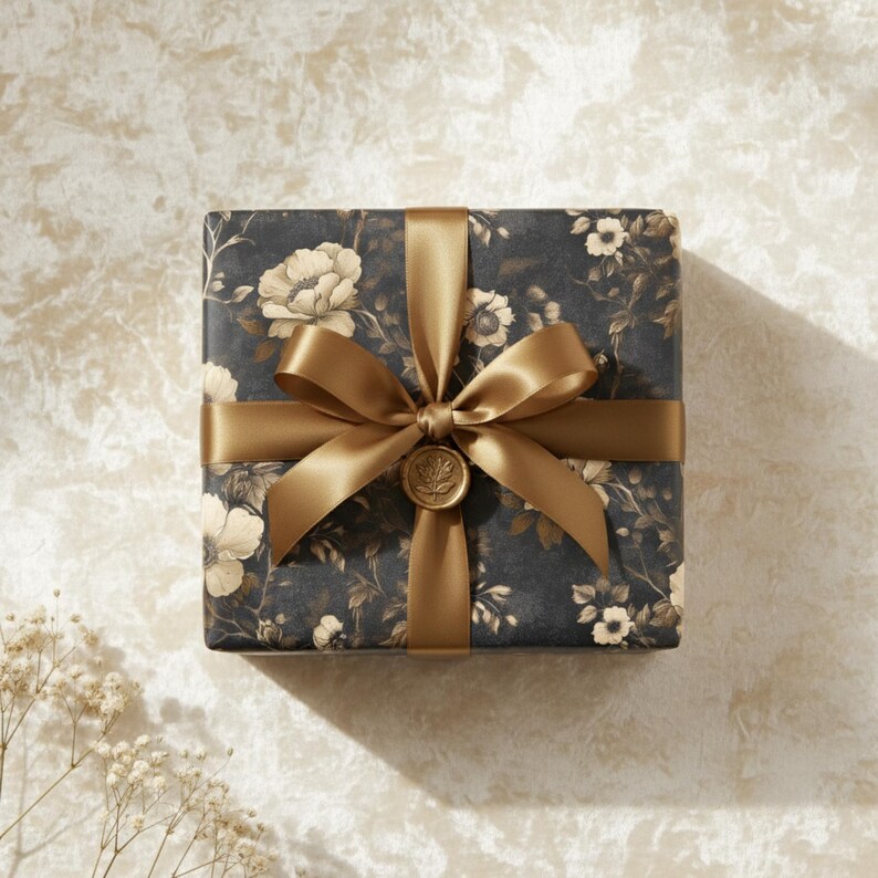 May include: A square gift box wrapped in dark blue floral paper with cream-colored flowers. The box is tied with a gold satin ribbon and bow, and sealed with a gold wax stamp. The background is a light beige.