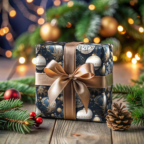 Blue Christmas Gift Wrap Vintage Style Christmas Ornament Wrapping Paper Navy Blue Gold Beige Christmas Gift Wrap Roll Holiday Paper Wrap Etsy UK