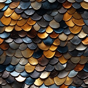 May include: A close-up of a textured, metallic surface made up of overlapping, semi-circular shapes. The shapes are arranged in a repeating pattern and are painted in shades of gold, silver, and blue.