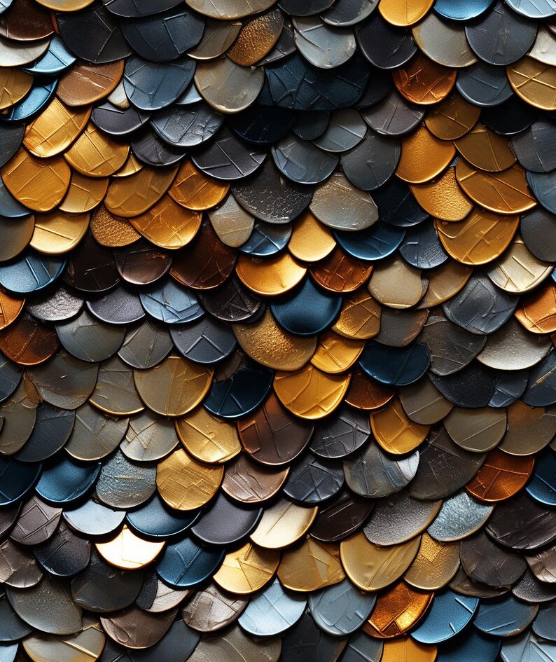 May include: A close-up of a textured, metallic surface made up of overlapping, semi-circular shapes. The shapes are arranged in a repeating pattern and are painted in shades of gold, silver, and blue.