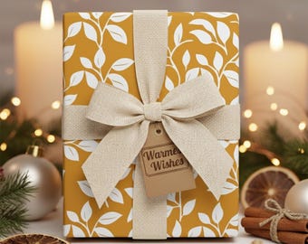 Rotolo di carta da regalo botanica color giallo senape: carta da regalo con foglie bianche