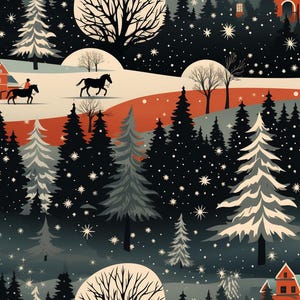 May include: A winter landscape illustration featuring a snowy forest, houses, and horses. The color palette includes dark blue, white, orange, and gray. The scene depicts a serene winter day with falling snow and bare trees.
