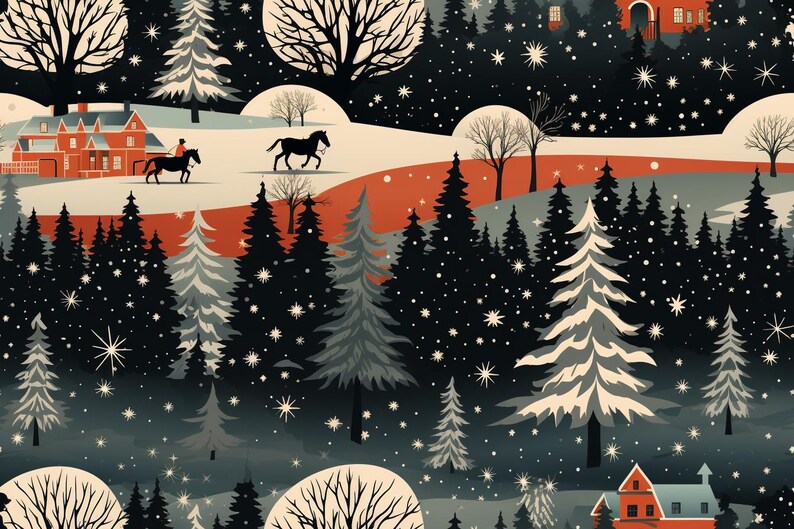 May include: A winter landscape illustration featuring a snowy forest, houses, and horses. The color palette includes dark blue, white, orange, and gray. The scene depicts a serene winter day with falling snow and bare trees.