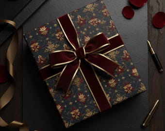 Papel de regalo floral elegante y oscuro, dorado y rojo, papel decorativo para regalo de Navidad, papel de regalo de lujo, papel de lujo de estilo vintage, papel de regalo formal.