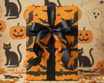 Retro vleermuis Halloween-cadeaupapier: Oranje griezelig cadeaupapier