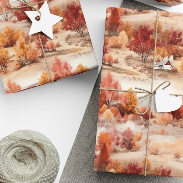 Fall Harvest Wrapping Paper Autumn Landscape Rustic Woodlands Trees Barn Vibrant Autumn Colors Farmhouse Chic Gift Wrap Fathers Day Wrapping