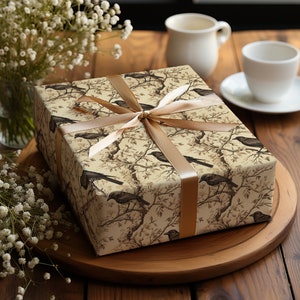 Raven Wrapping Paper Bird Tree Branch Gift Wrap Beige Black Earth Tone Rustic Cool Brown Gift Wrap Tan Crow Raven Paper Vintage Raven Gift