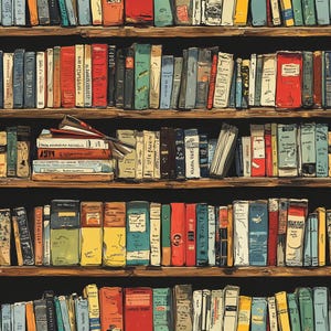 May include: A bookshelf filled with colorful books. The books are arranged in rows on the shelves, with some books stacked on top of others. The bookshelf is made of wood and has a dark brown finish.