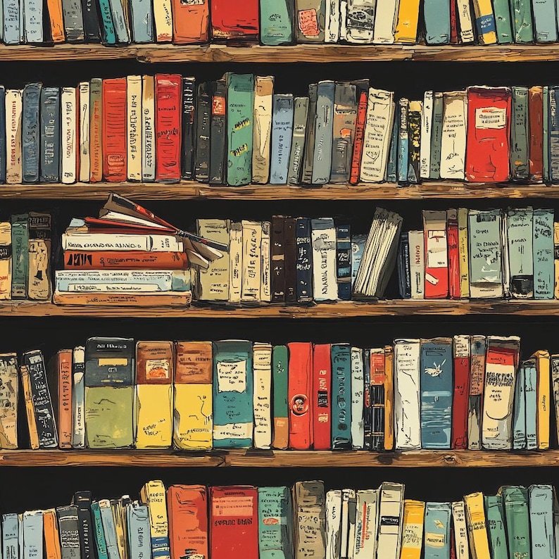 May include: A bookshelf filled with colorful books. The books are arranged in rows on the shelves, with some books stacked on top of others. The bookshelf is made of wood and has a dark brown finish.