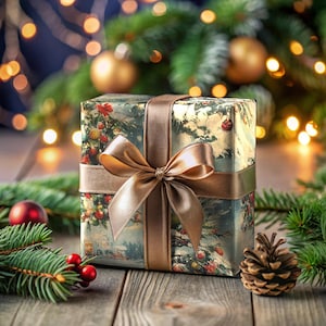 May include: A rectangular gift box wrapped in paper featuring a vintage-style winter forest scene with red ornaments. The package is tied with a wide, smooth, metallic bronze satin ribbon that forms a large, centered bow on the front.