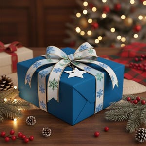 Op de afbeelding: Een diepblauwe cadeauverpakking, versierd met een lint met sneeuwvlokpatroon en een stervormig label. De feestelijke presentatie staat op een houten oppervlak, met kerstversieringen op de achtergrond.