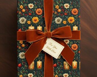 Weihnachtsgeschenkpapier mit dunklem Blumenmuster: Geschenkpapier mit Kerzenmotiv
