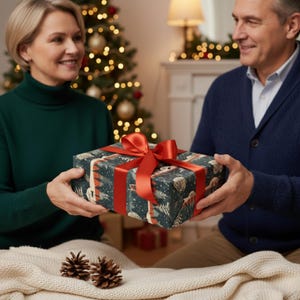May include: A wrapped gift with a forest-themed pattern and a red ribbon is being presented. The gift is held by two people, with a Christmas tree and fireplace in the background. Two pine cones rest on a cream-colored blanket.