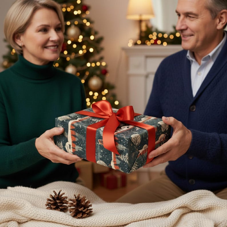 May include: A wrapped gift with a forest-themed pattern and a red ribbon is being presented. The gift is held by two people, with a Christmas tree and fireplace in the background. Two pine cones rest on a cream-colored blanket.