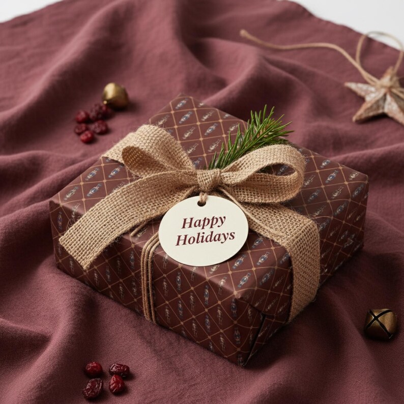May include: A wrapped gift box with a brown patterned design, tied with a burlap ribbon and a tag that reads "Happy Holidays." The gift is decorated with a sprig of evergreen and sits on a maroon fabric surface.