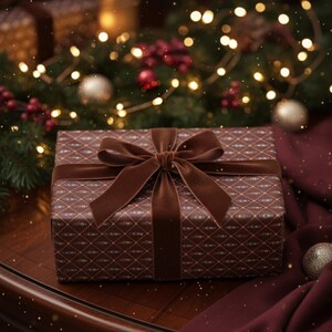May include: A wrapped gift box with a brown patterned design and a velvet bow. The gift is tied with a matching brown ribbon. The background includes Christmas decorations with lights and ornaments.