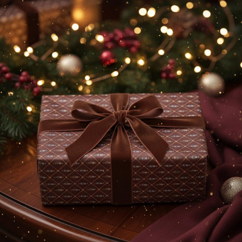 May include: A wrapped gift box with a brown patterned design and a velvet bow. The gift is tied with a matching brown ribbon. The background includes Christmas decorations with lights and ornaments.