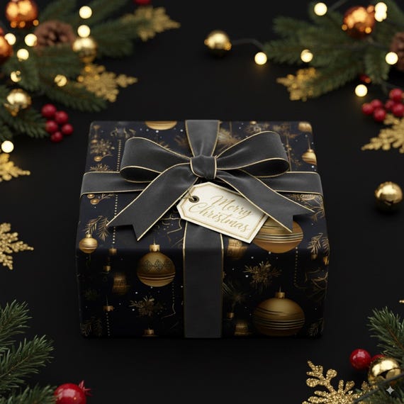 Gold Ornaments on Black Christmas Wrapping Paper: Luxury Holiday Gift Wrap