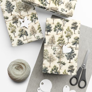 Papier do pakowania prezentów z motywem drzewa akwarelowego: Evergreen Forest, papier leśny w kolorze zielonym i beżowym zdjęcie 6