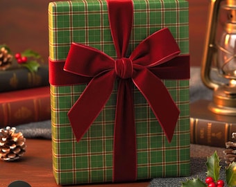 Donkergroen geruit inpakpapier: klassieke cadeauverpakking voor kerst