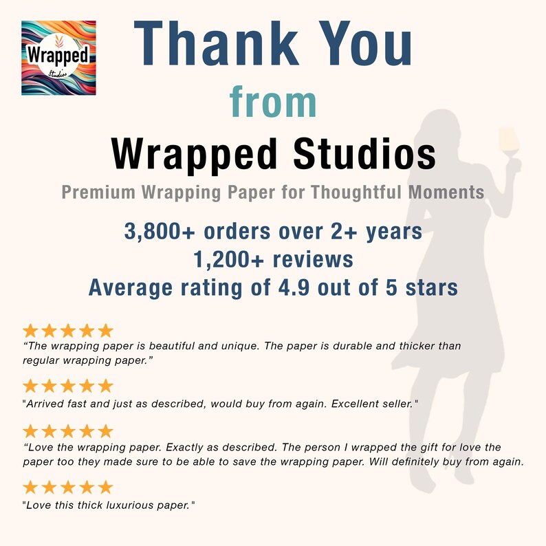 May include: A promotional graphic for Wrapped Studios, featuring the text "Thank You" and customer testimonials. The logo is in the upper left corner. The graphic highlights 3,800+ orders, 1,200+ reviews, and an average rating of 4.9 out of 5 stars.