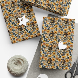 Bumble Bee Wrapping Paper Floral Gift Wrap Honey Bee Pattern Gift Wrap Spring Flower Gift Wrap Nature Inspired Paper Design Honey Bee Paper