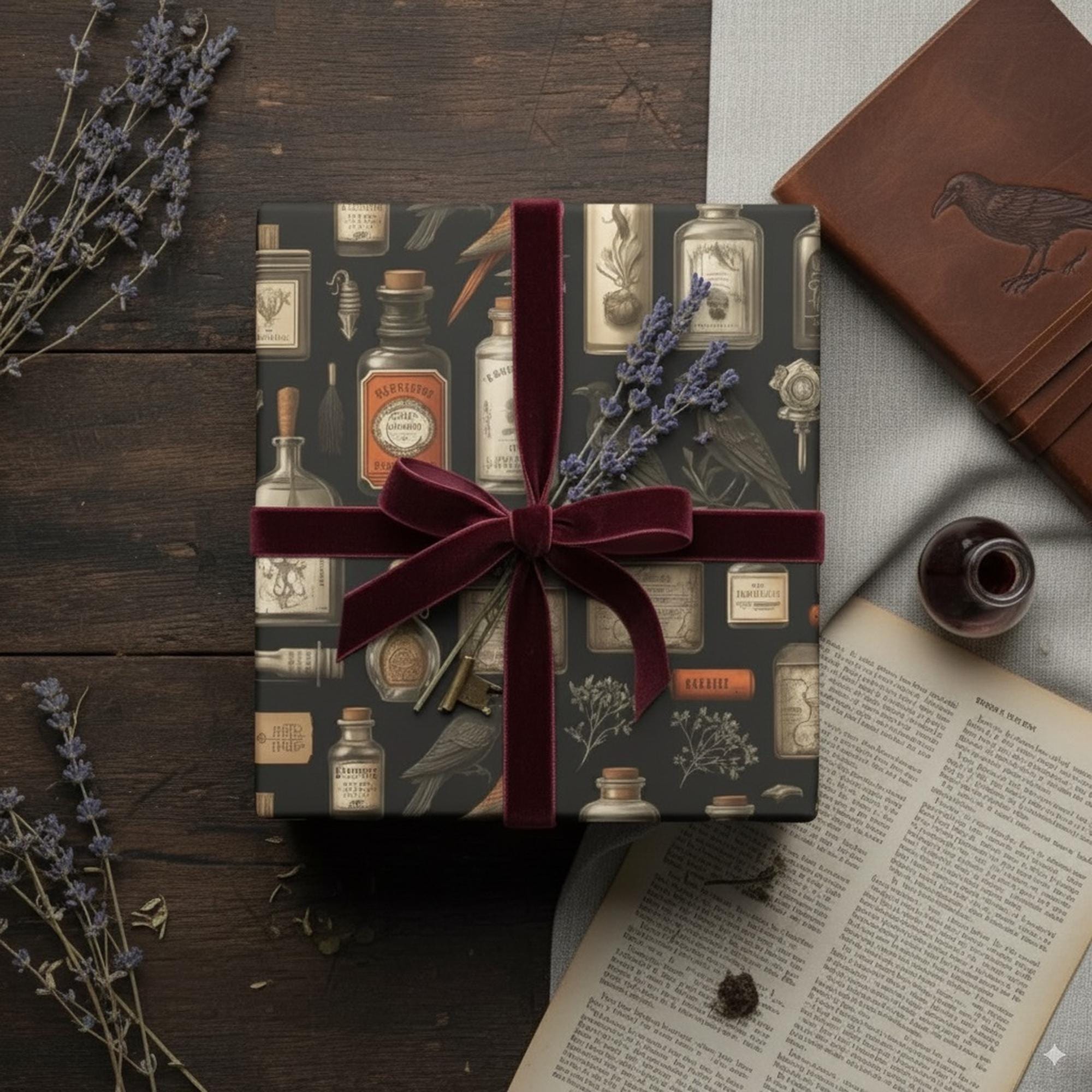 Vintage Apothecary Wrapping Paper: Gothic Raven & Bottle Design, Black Goth Paper