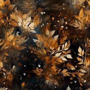 Op de afbeelding: Abstracte schilderij met een draaiend patroon van gouden en bruine bladeren op een zwarte achtergrond met witte stippen.