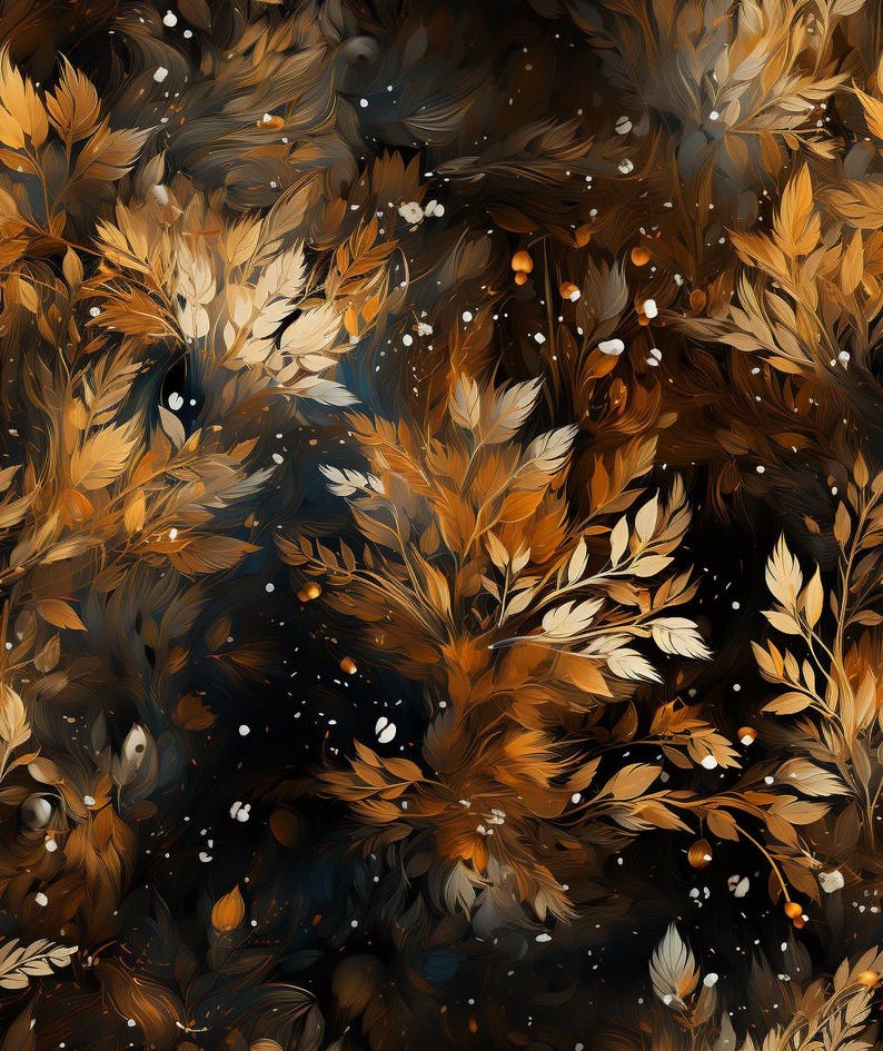 Op de afbeelding: Abstracte schilderij met een draaiend patroon van gouden en bruine bladeren op een zwarte achtergrond met witte stippen.