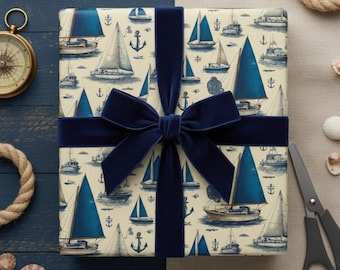 Vintage-Geschenkpapier mit Segelbootmotiv: Maritimes Geschenkpapier, Blau & Creme