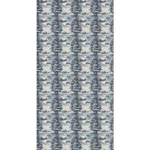 May include: A seamless pattern featuring a winter scene with snow-covered hills, trees, and houses. The pattern is in shades of blue and white.