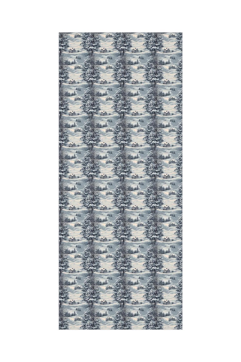 May include: A seamless pattern featuring a winter scene with snow-covered hills, trees, and houses. The pattern is in shades of blue and white.