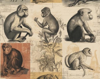 Vintage Monkey Wrapping Paper: Artistic Jungle Animal Illustration