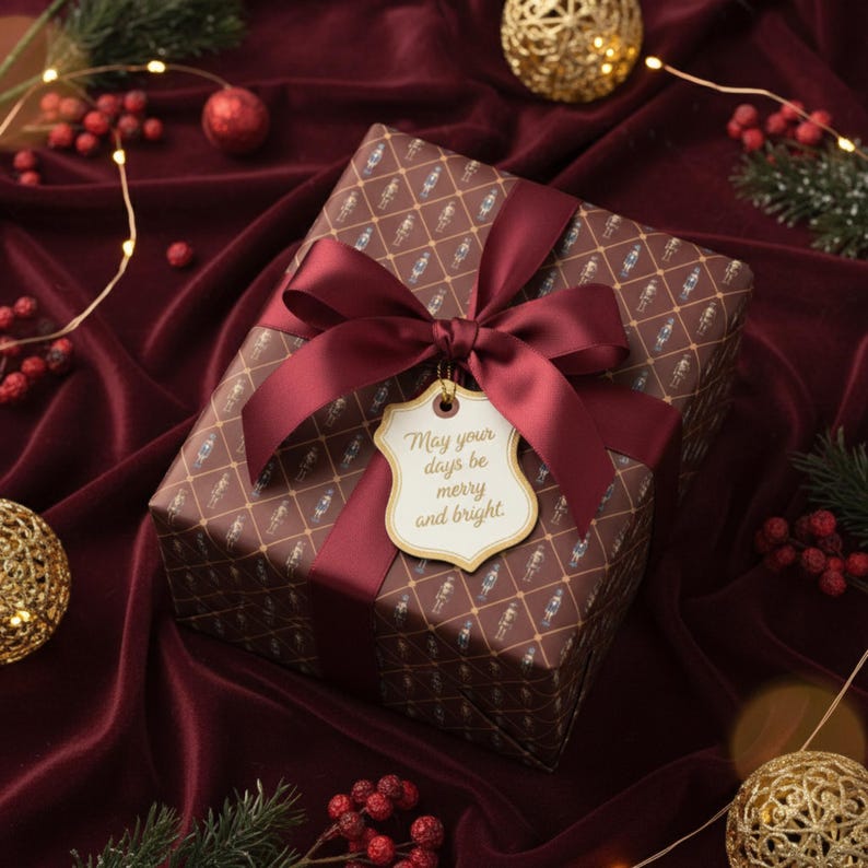 May include: A wrapped gift with a burgundy bow and a tag that reads "May your days be merry and bright." The wrapping paper has a brown background with a repeating pattern. The gift is on a burgundy velvet surface, with Christmas decorations.