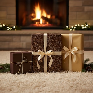 May include: Three wrapped gifts with cream-colored ribbons and bows. The gifts are brown, patterned brown, and gold. The background features a fireplace with a burning fire and a white rug.