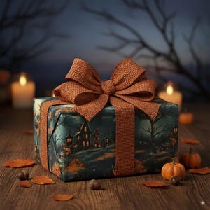 Vintage Halloween Wrapping Paper: Haunted House, Pumpkins, Glowing Moon