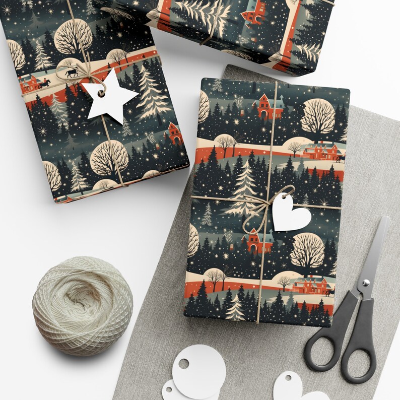 Rustic Winter Village Christmas Wrapping Paper: Snowy Farmhouse Forest Gift Wrap image 8