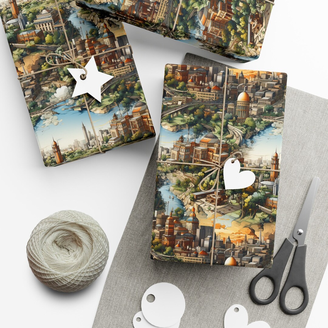 Vintage Cityscape Wrapping Paper Dallas Fort Worth Texas Tower Etsy
