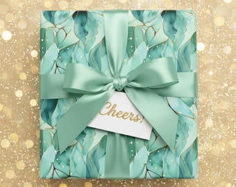 Abstract Leaf Wrapping Paper: Teal, Sage Green & Gold Accents