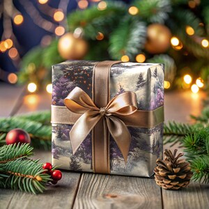 Vintage Christmas Wrapping Paper Purple Holiday Gift Wrap Snowy Forest Winter Wonderland Christmas Gift Wrap Pine Tree Snowy Landscape Paper