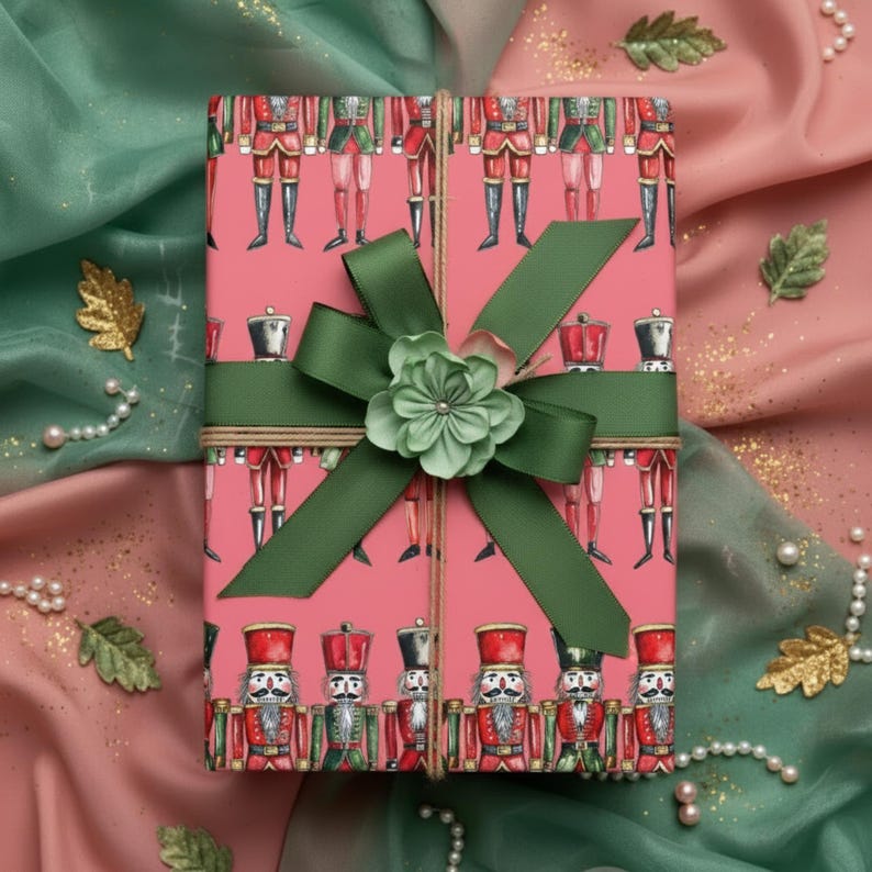 May include: A wrapped gift with a pink background featuring a pattern of toy soldiers. The gift is tied with a green ribbon and a decorative flower. The background is a mix of pink and green fabric.