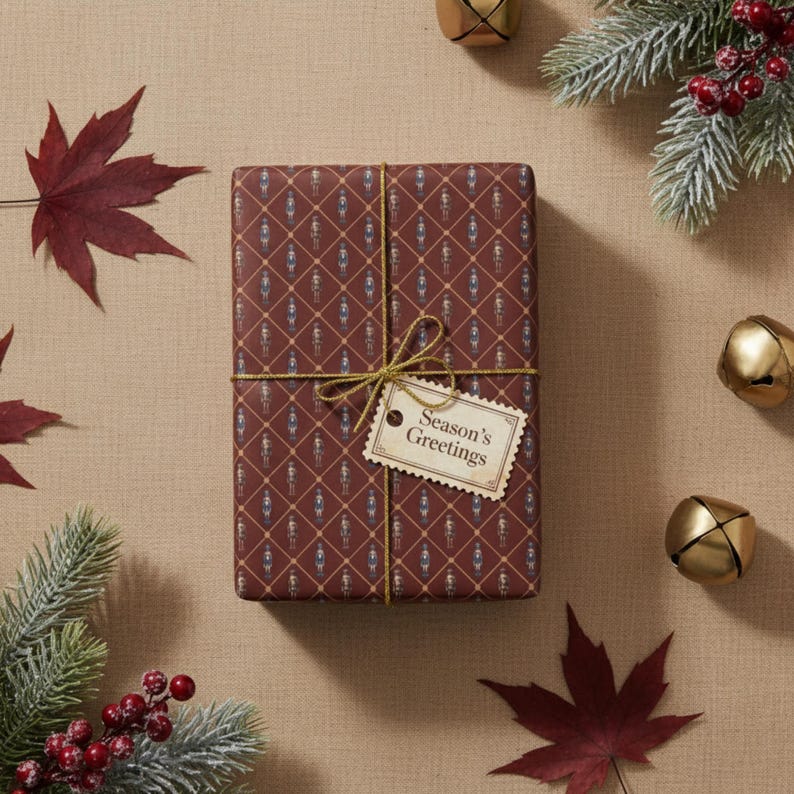 May include: A wrapped gift with a burgundy and blue pattern, tied with gold twine and a tag that reads "Season's Greetings." The gift is surrounded by seasonal decorations, including red leaves, pine branches, and gold bells.