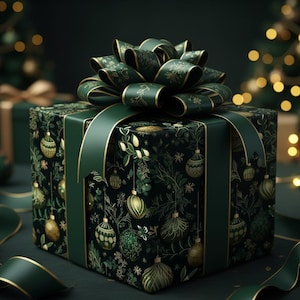 Christmas Wrapping Paper Forest Green Gift Wrap Roll Holiday Ornament Green Gold Pattern Elegant Gift Wrap Intricate Sage Wrap Luxury Paper