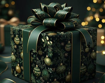 Christmas Wrapping Paper Forest Green Gift Wrap Roll Holiday Ornament Green Gold Pattern Elegant Gift Wrap Intricate Sage Wrap Luxury Paper