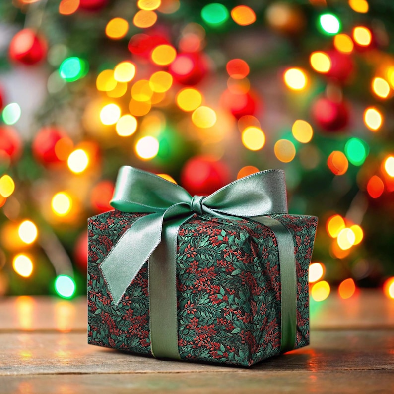 May include: A green gift box with a green ribbon and a floral pattern. The box is sitting on a wooden surface in front of a blurred background of Christmas lights.